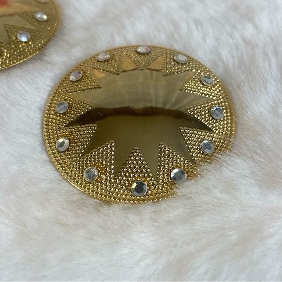 Retro Mod Statement Pierced Earrings Sunburst Pattern w Rhinestone Accents - Picture 3 of 6